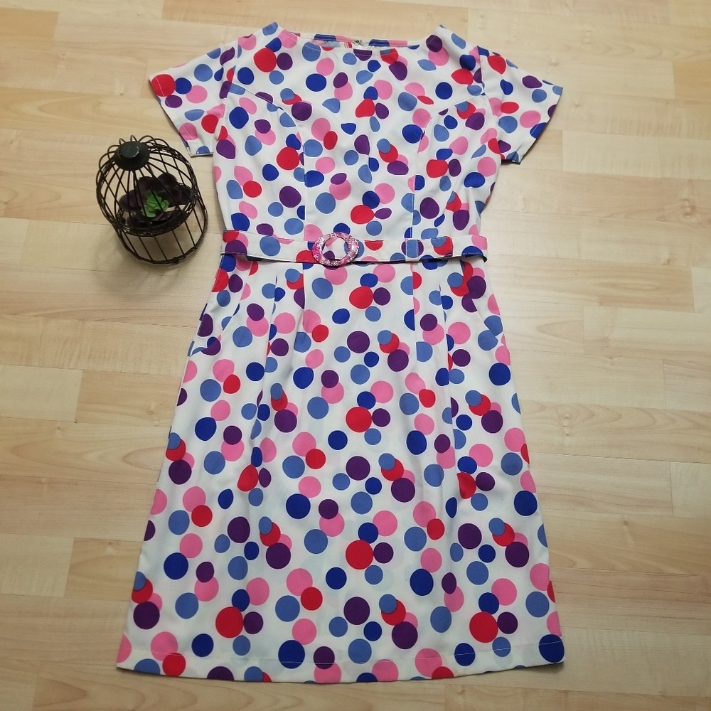 Dress white with small pink & blue circles Size S
